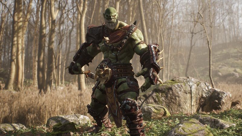 A formidable orc warrior trains before battle and demonstrates combat skills