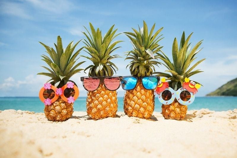 Family of funny pineapples in stylish sunglasses ready to party on the beach.