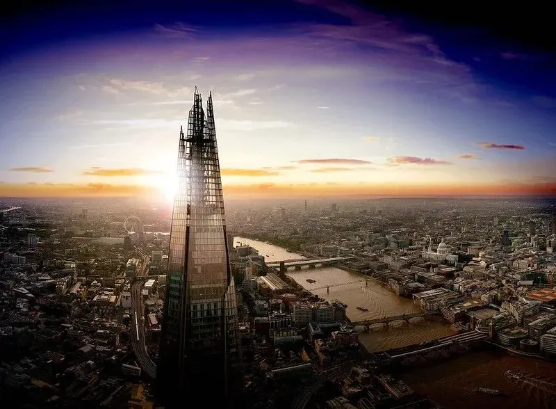 The Shard in front of a sunrise in London.