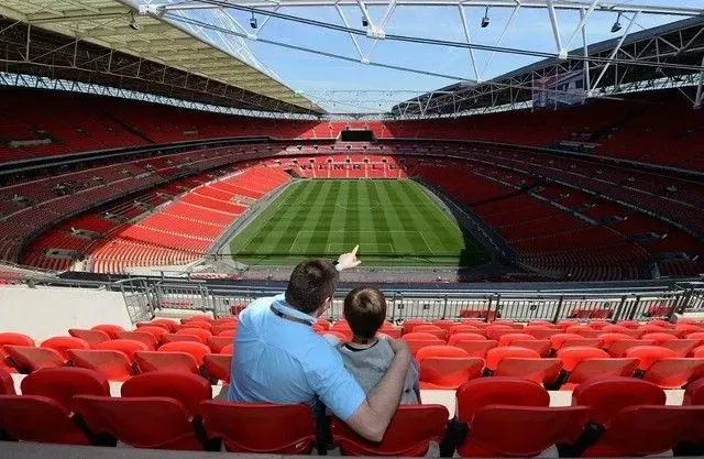 father and son looking out onto the Wembley Stadium pitch on a tour of the stadium 