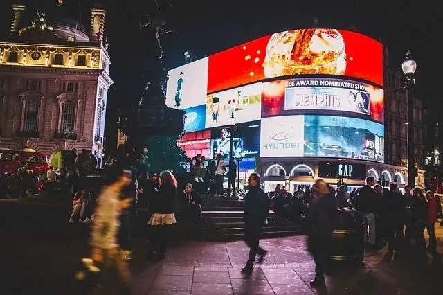 the bright lights and bustling crowds around Piccadilly Circus