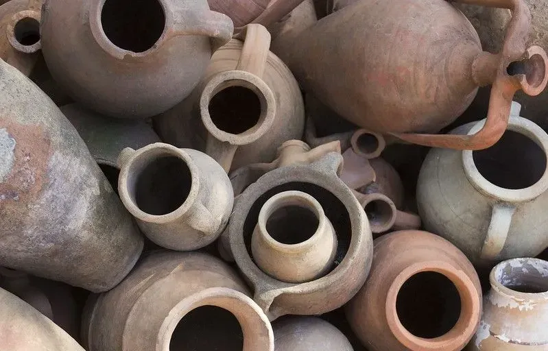 Damaged traditional ancient clay jars at Skara Bra.