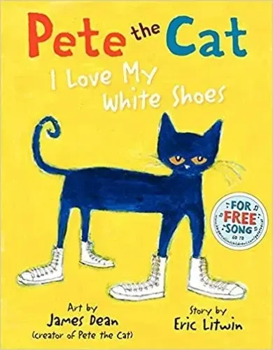 Cover of Pete the Cat: I Love My White Shoes. A navy blue cat wearing white shoes is stood against a yellow background.
