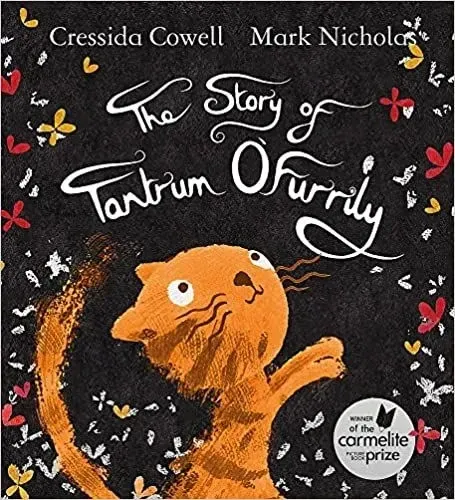Cover of The Story of Tantrum O'Furrily: a ginger cat with long tail is stood with its paws up, looking up at the black background with yellow and red butterflies on.