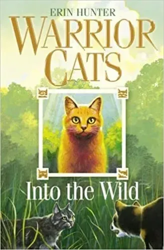 Cover of Warrior Cats: in the centre is a ginger cat in a white frame. In the background is a forest scene with two cats looking at each other aggressively.
