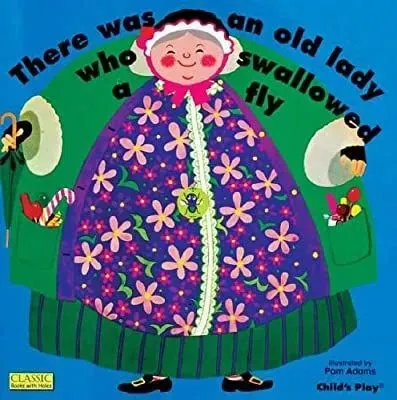 Cover of There Was An Old Lady Who Swallowed A Fly: against a blue background, an old woman with grey hair and a bonnet around her hair stands smiling.