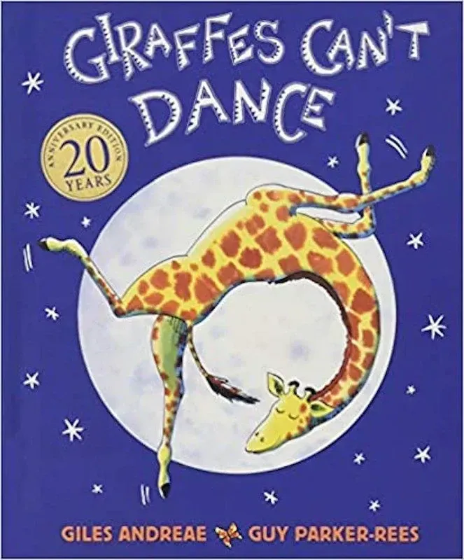 Cover of Giraffes Can't Dance: a smiling giraffe is doing a backflip while smiling. In the background are the moon and night sky.
