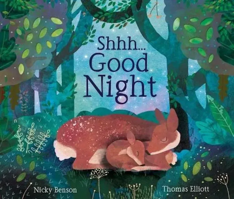 Cover of Shhh...Good Night: two deer, parent and child, are snuggling in their sleep. In the background is a forest against the night sky.