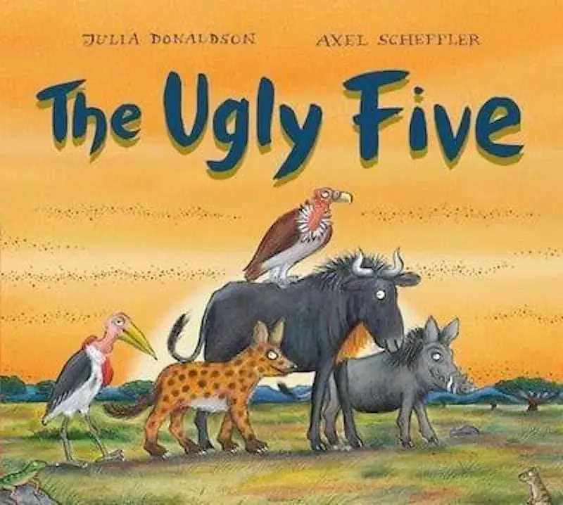 Cover of The Ugly Five: against the summer heat in a grassy plain, a warthog, hyena, vulture, wildebeest and marabou stalk are walking together.