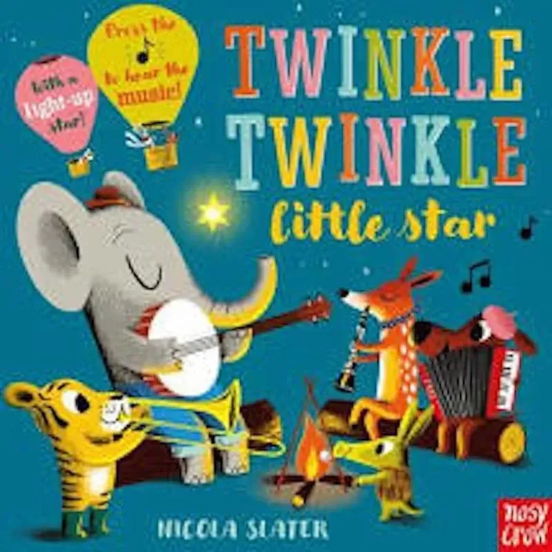 Cover of Twinkle Twinkle Little Star: five small animals holding musical instruments play their instruments joyfully by a fire, against the night sky.