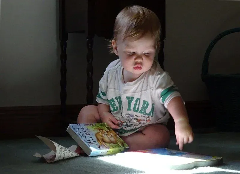 A toddler is pointing at a book beside him on the floor.