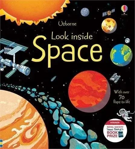 Usborne Look Inside space book cover, the sun and solar system with space stations