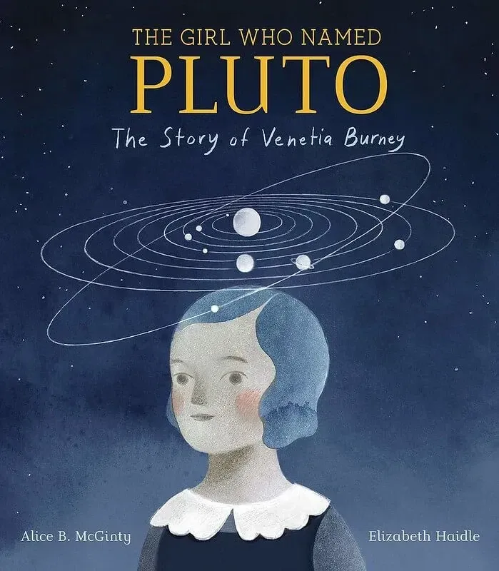 The girl who named pluto book cover hand drawn girl portrait below solar system diagram dark blue background
