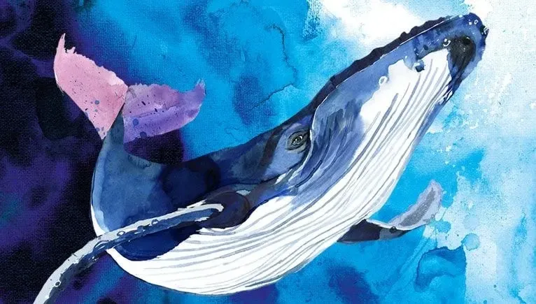 Painting of a big blue whale swimming underwater in the ocean.