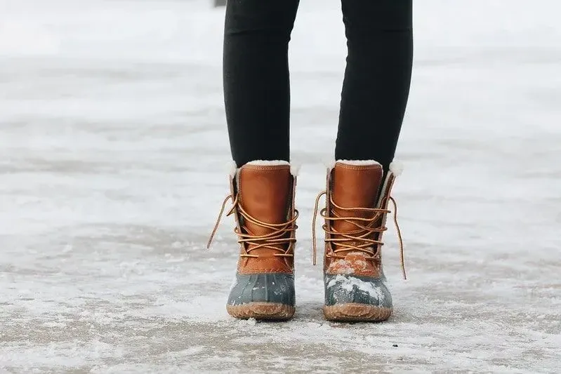 Close up of snow-boots on feet. 