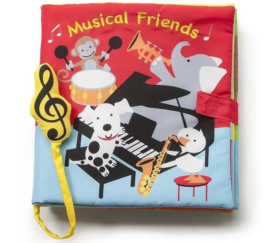 Cover of Musical Friends: four animals are playing different musical instruments in a room with red walls and a light blue floor.