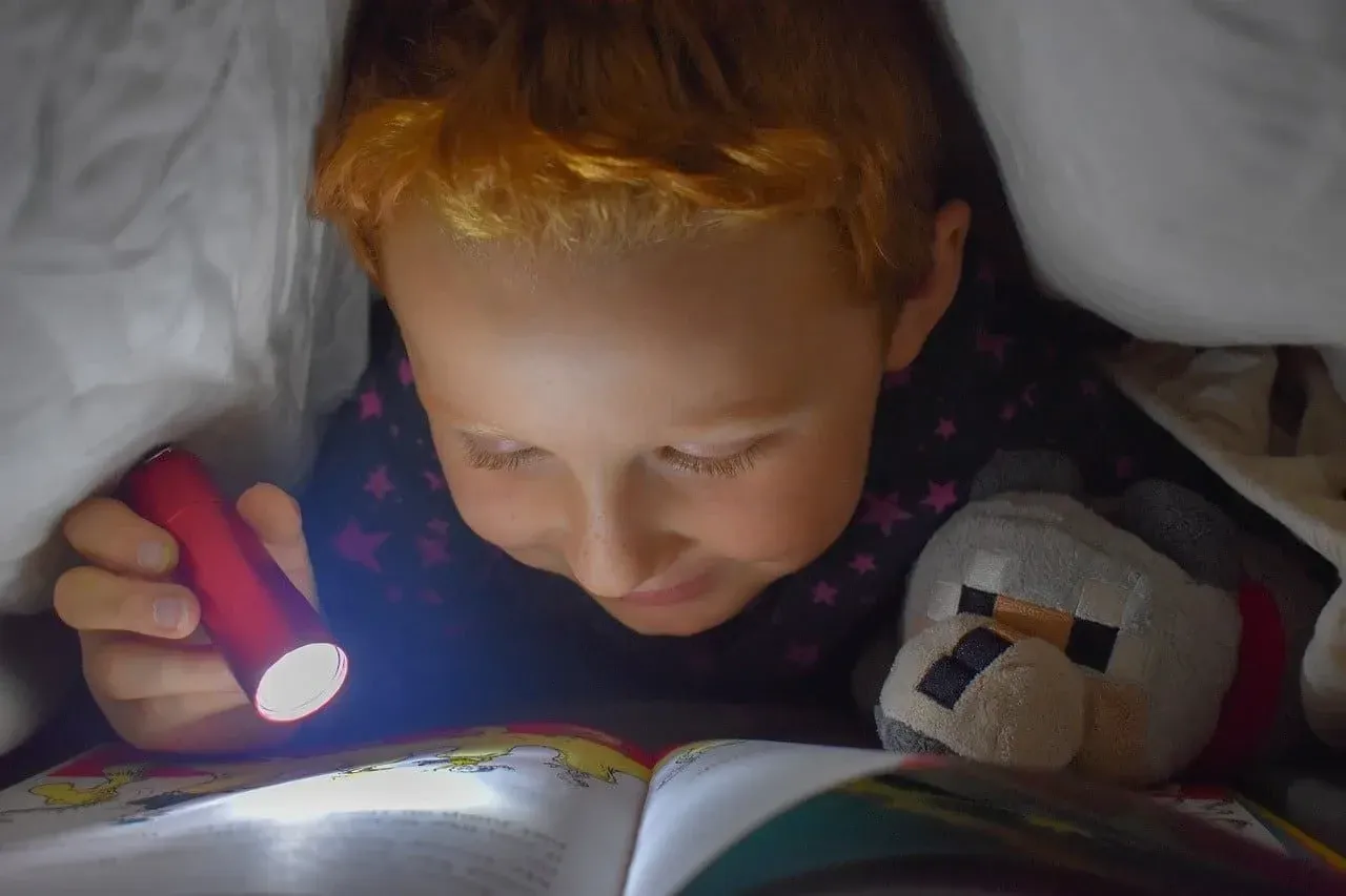 Boy reading under the covers with light from a torch - an example of man-made light.