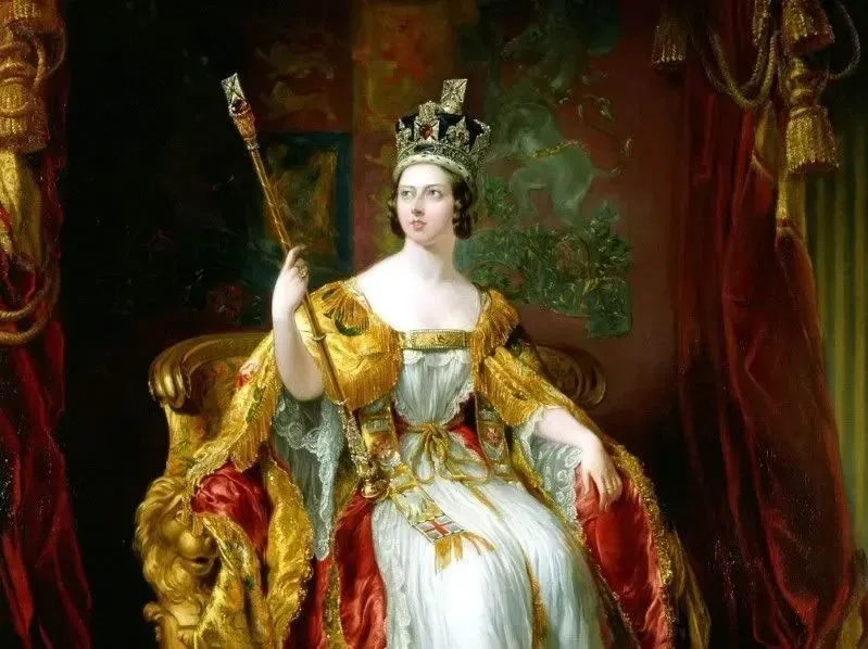 Portrait of younger Queen Victoria after her coronation, wearing the crown and holding the staff.