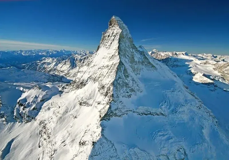 The snowy peak of the Matterhorn mountain.