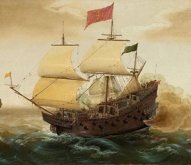 Painting of a Spanish galleon ship out at sea.