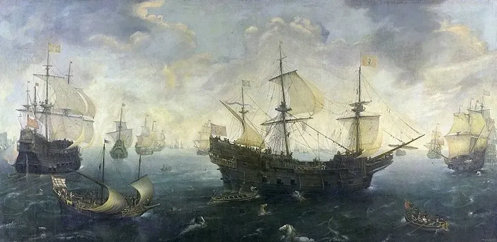 Painting of many boats fighting the Spanish Armada and rescue boats in the water.