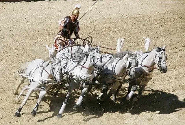 Roman chariot racer driving his chariot around the sand track led by four white horses.