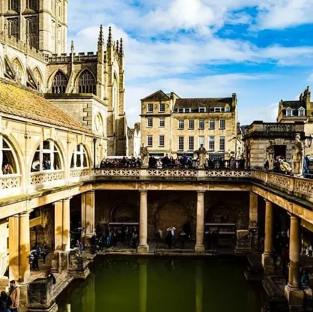 View of the Roman baths in Bath, England, from above.