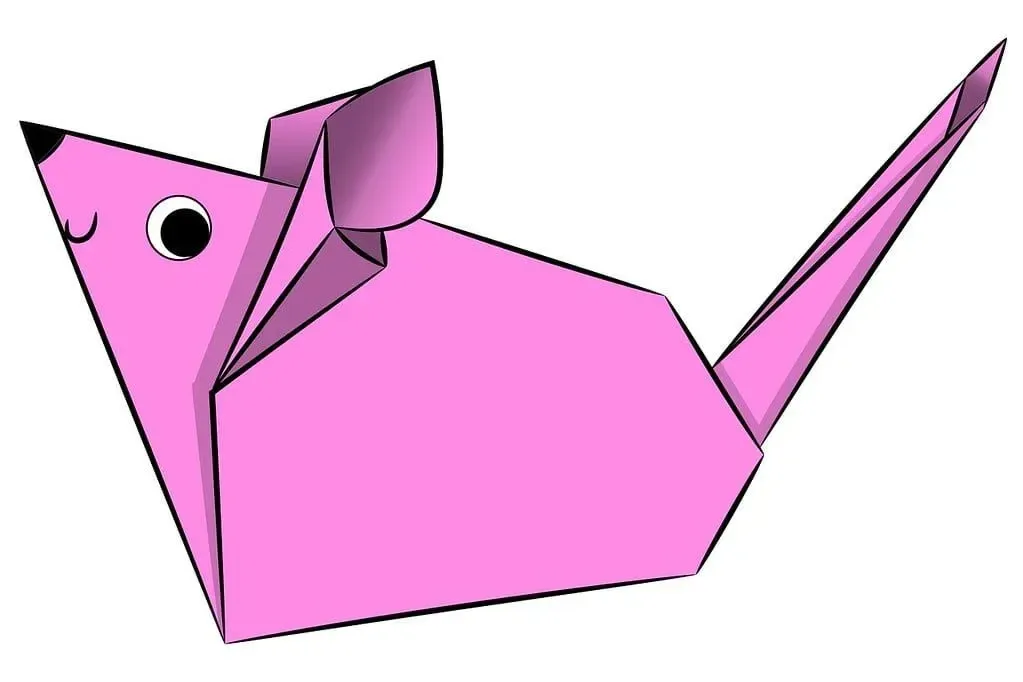 Cartoon drawing of a pink origami mouse with a face.