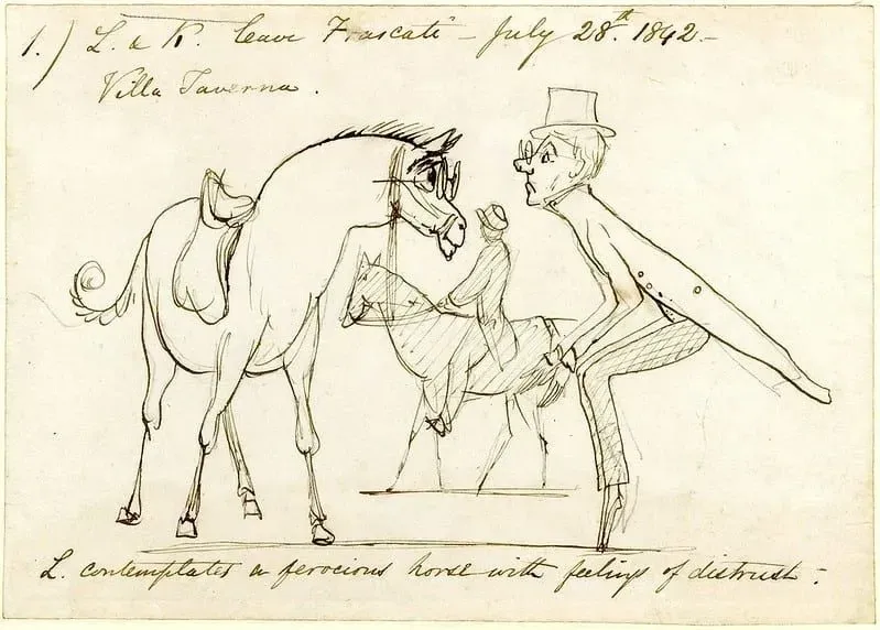 Sketch of Edward Lear poetry, a man looking at a horse.