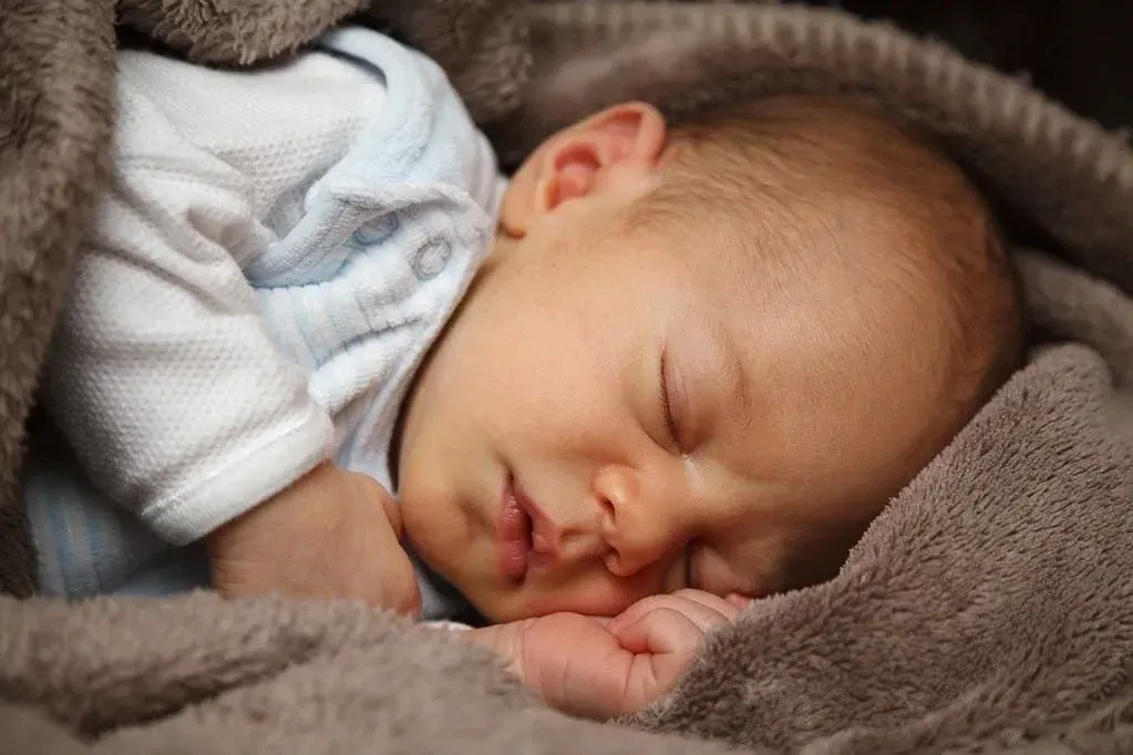Baby boy sleeping sweetly in a brown fleece blanket.