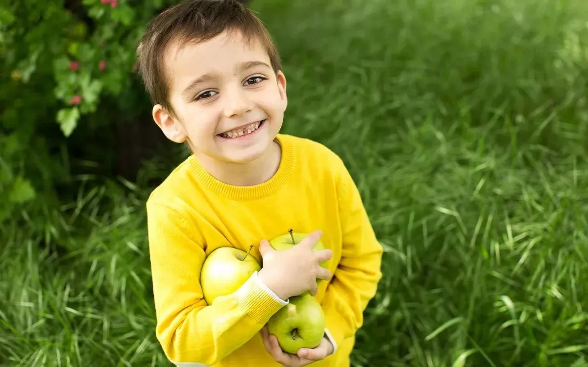 Young boy holding a bunch of green apples, smiling in the garden as he looks at the symmetry of different objects.