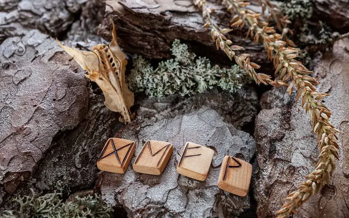 Four Viking runes written on blocks on wood placed on rocks.