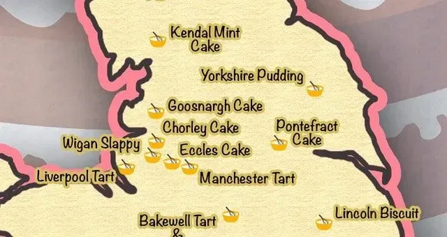 A snapshot of Kidadl's Bake Britain map showing cakes and biscuits named after British places.