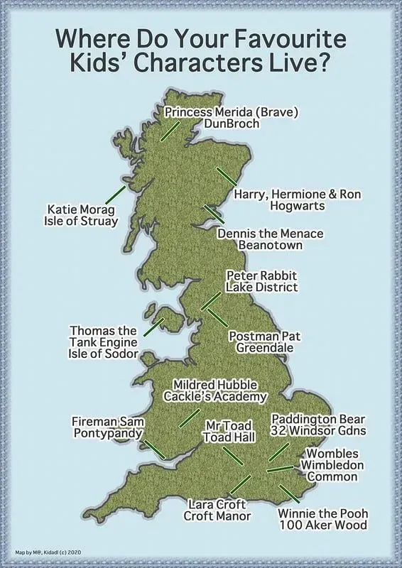 Kidadl's map of where your favourite kids' characters live.