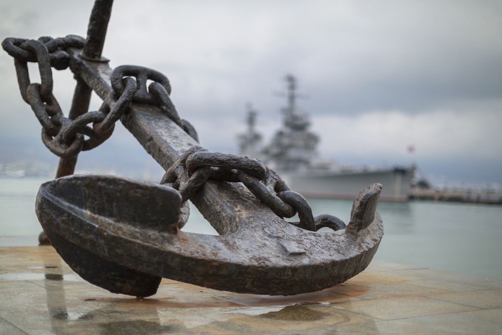 Anchor on the embankment and the cruiser "Mikhail Kutuzov" in the port of Novorossiysk, Russia.