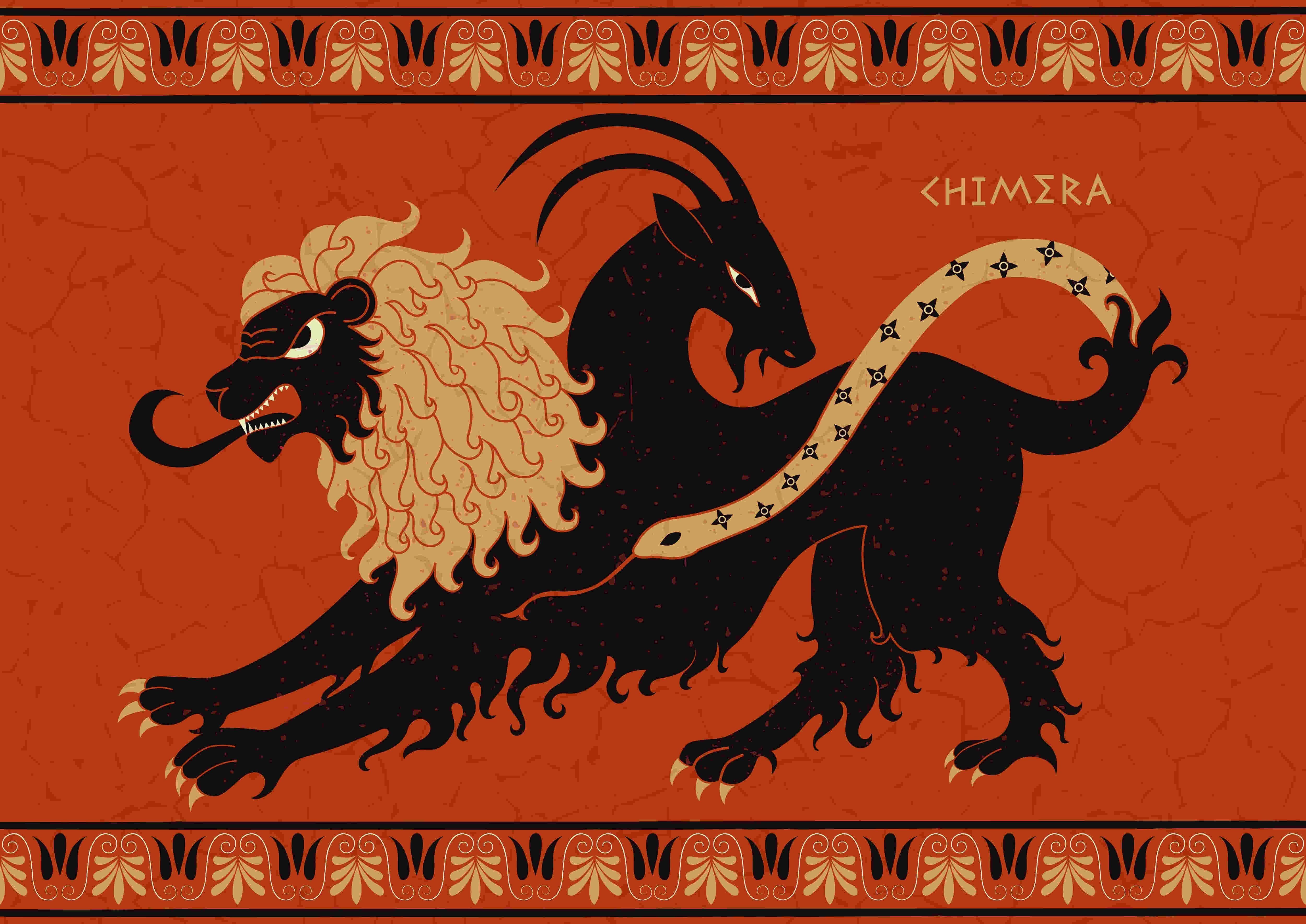 Ancient Greek mythology. Chimera. Monster with the head of a lion, a goat and a snake. Vector illustration in the style of Greek vase painting.