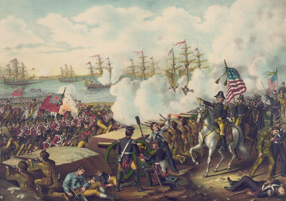 Gen. Andrew Jackson on horseback commanding US troops in Battle of New Orleans.