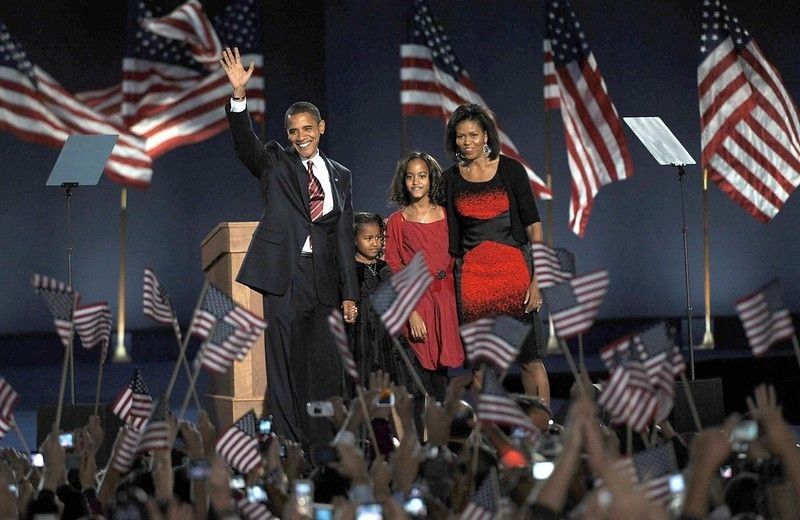 The Obama family after Barack Obama's US presidential election victory speech in Chicago.