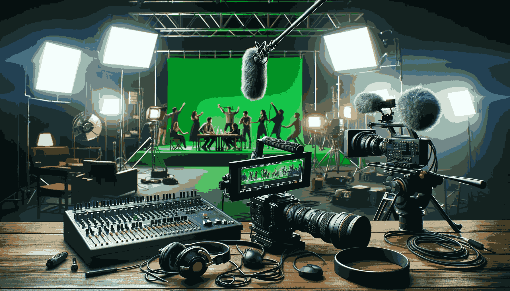 A professional film set featuring a high-quality video camera on a tripod, a dynamic movie scene with actors in front of a green screen, and headphones on a nearby table.