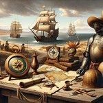 A landscape featuring a sailing ship, armor, map, and navigational tools.
