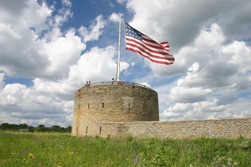 American flag waving on Fort Snelling