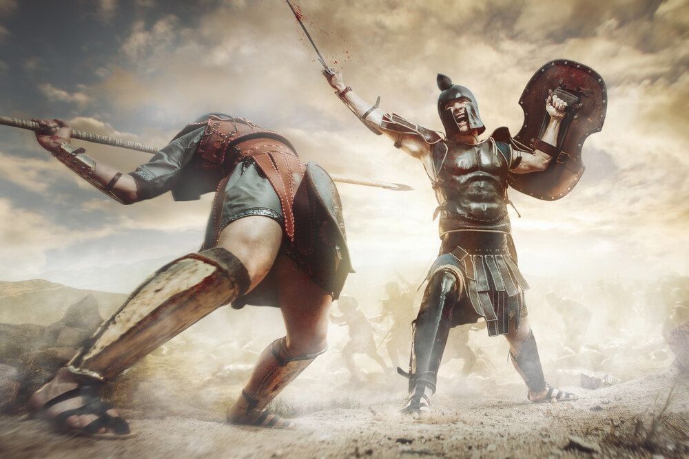 Ancient Greek warrior fighting in the combat.
