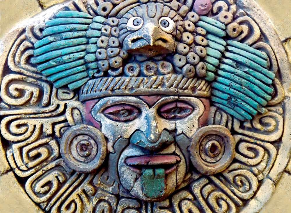 Maya Aztec style stone statue detail.