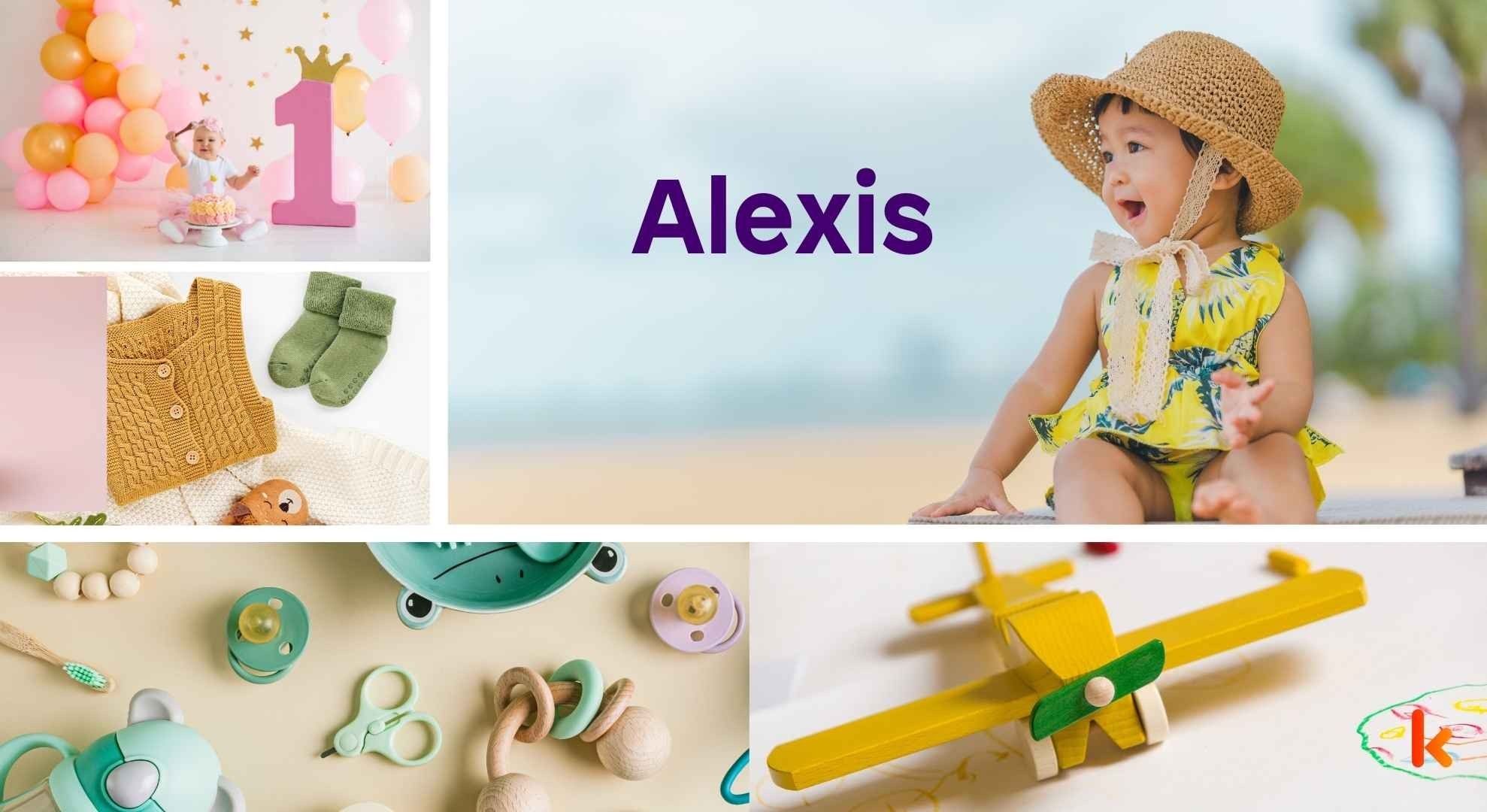 Baby name Alexis - Cute baby in hat, balloons, clothes, toys, aeroplane