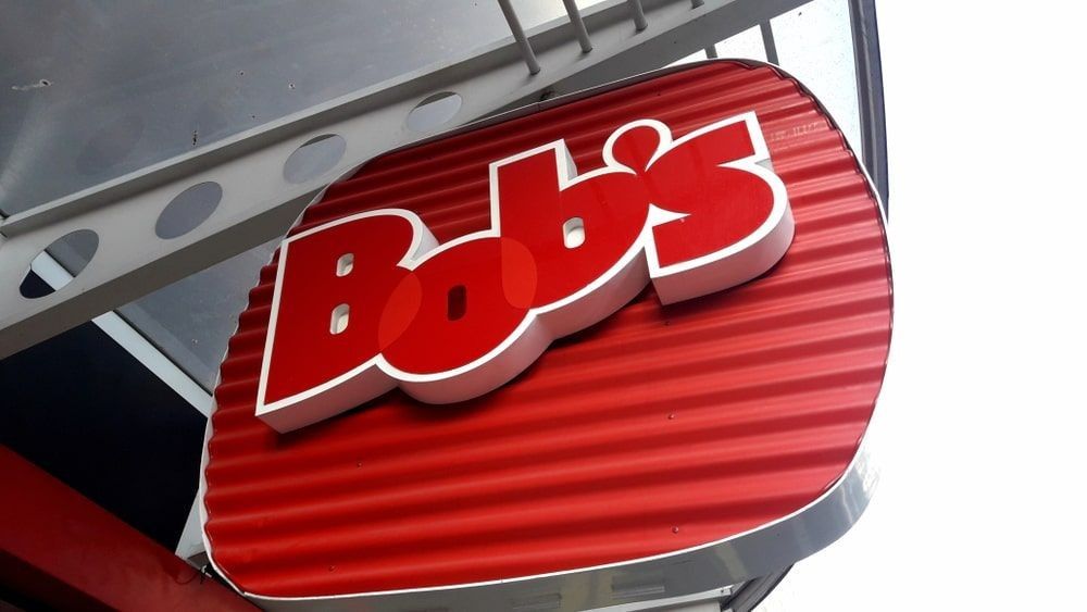 Closeup of the lettering and logo of Bob's, fast food restaurant 