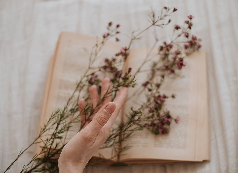 A woman's hand holding flowers and a poetry book in a romantic vibe 