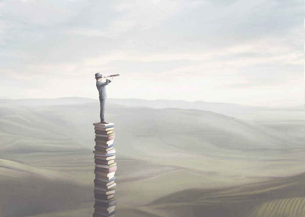 3D Illustration of wise man with binoculars on the top of a tower of books