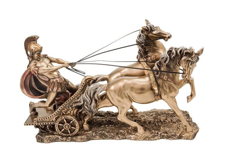 Bronze statuette of the Roman warrior in a chariot with two horses