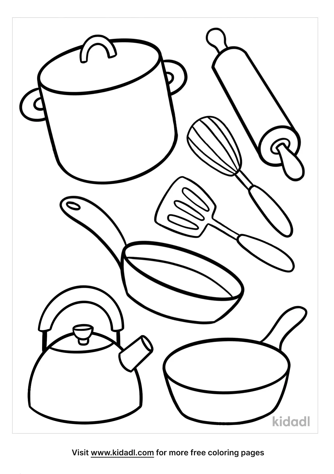 Printable Cooking Pan and Utensils Coloring Page