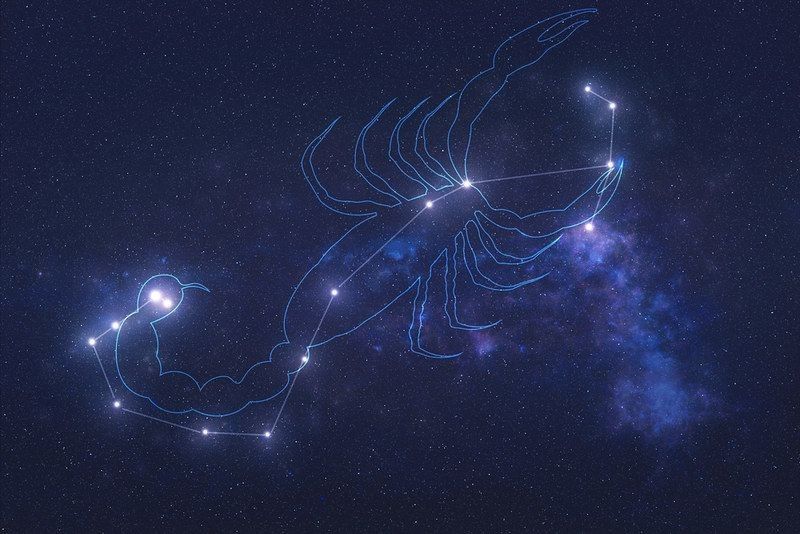 Scorpio Constellation stars in outer space with shape of a scorpio in lines.